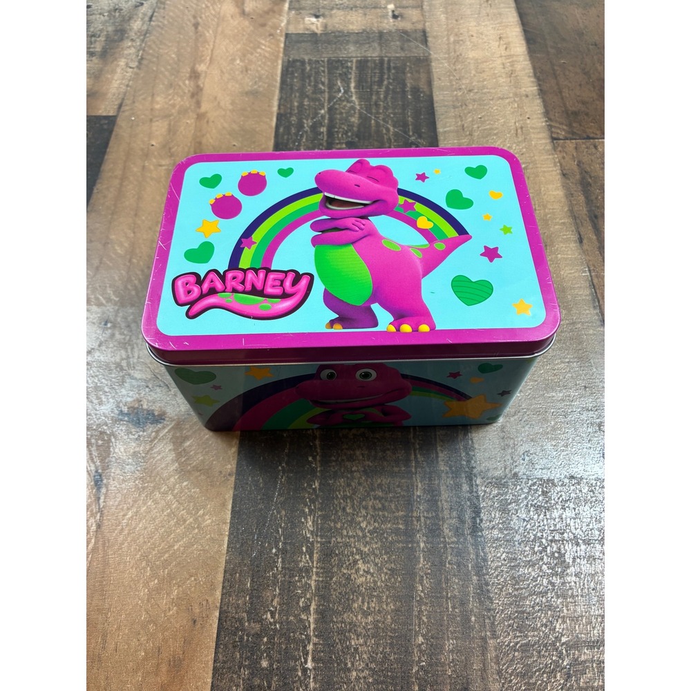 Barney the Dinosaur Metal Storage Tin Collectible Rainbow Friends Teal Purple